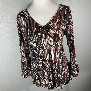 Cato’s Geometric Blouse Top S Shimmer Dots Shirt Stripe Print Bell Sleeve Career